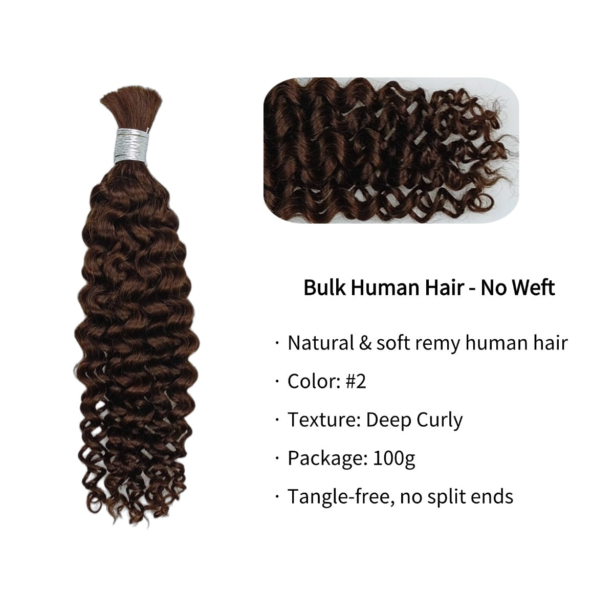 Braiding Hair - #2 Dark Brown Deep Curly Human Hair